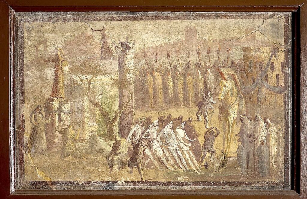 Affresco parietale pompeiano I secolo a.C. I troiani trasportano il cavallo di legno all'interno delle mura. 