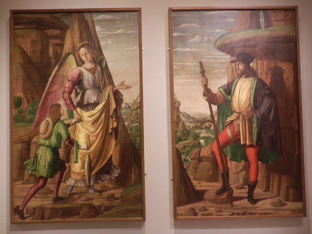 "Tobiolo e l'angelo" e "San Rocco" 1494, stendardo di Giovanni Santi. Urbino Galleria Nazionale delle Marche. 