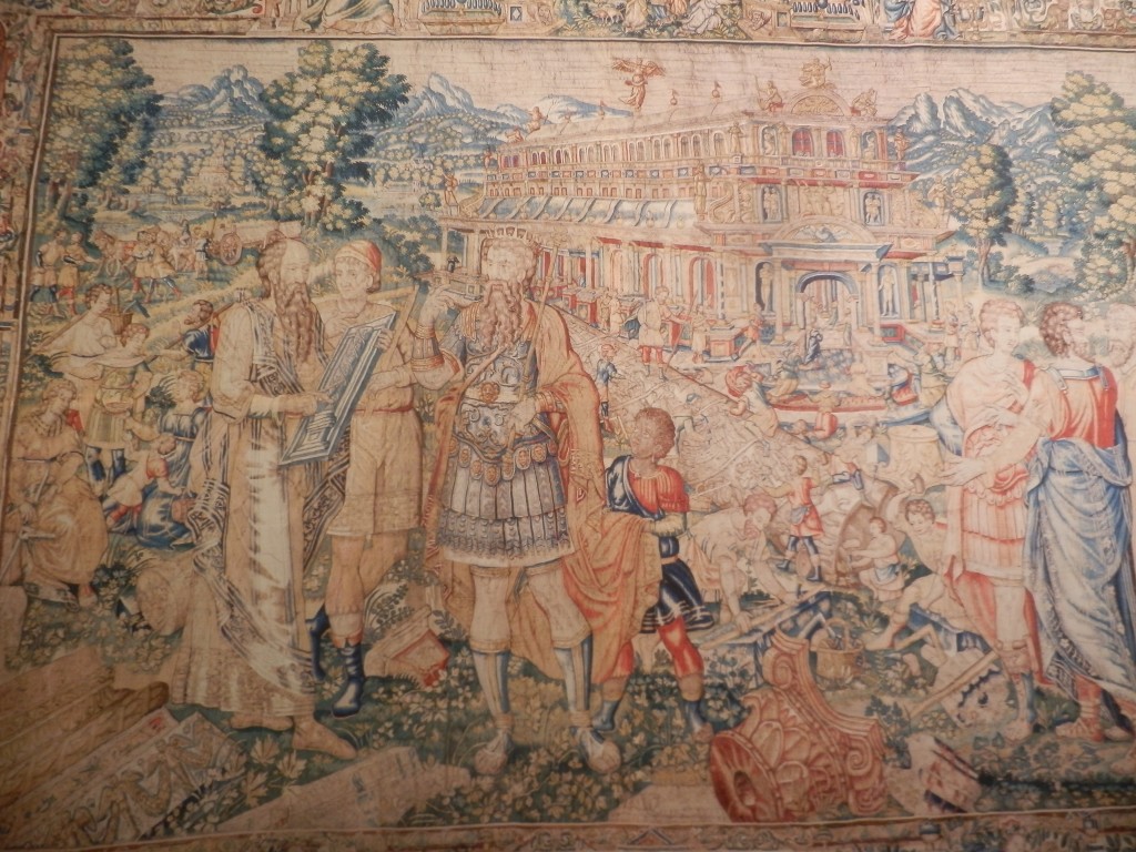 "Apollodoro presenta a Traiano il progetto della Colonna", riproduzione di un arazzo fiammingo del XVI secolo. 